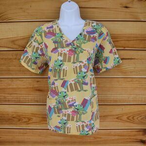 Ladybug Scrubs Top Womens S Colorful Frogs Cotton Blend V-Neck Pockets Medical